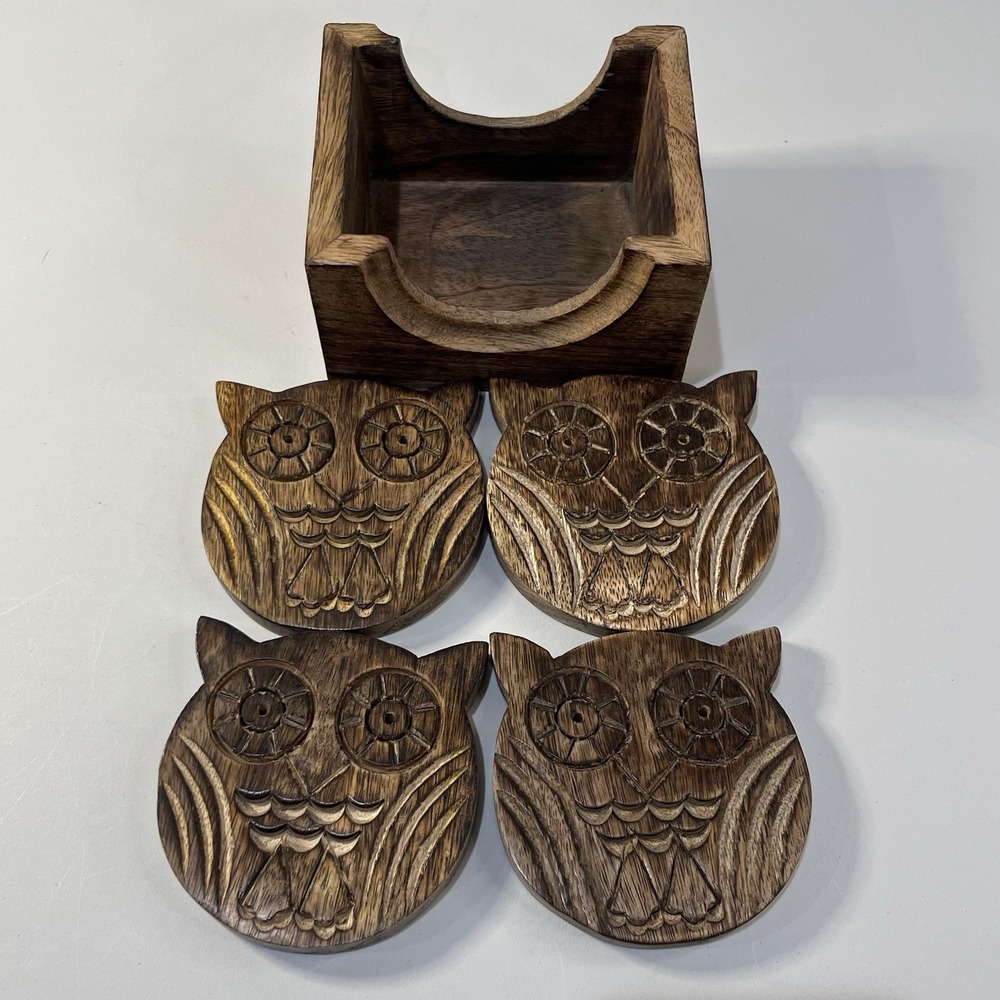Vintage Owl Mid Century Modern Set Of 4 Hand Carved Wood Coasters Caddy India - Picture 2 of 6